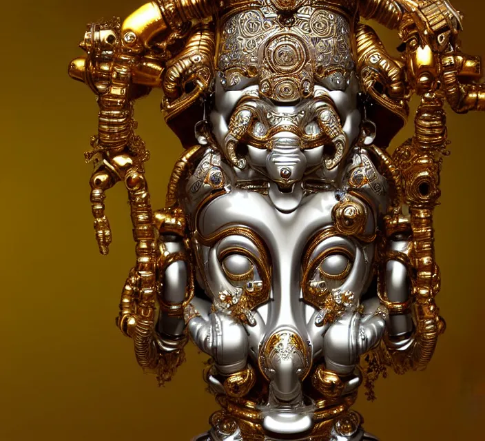 Image similar to beautiful cybernetic baroque robot ganesha, beautiful baroque porcelain face + body is clear plastic, inside organic robotic tubes and parts, symmetric, front facing, wearing translucent baroque rain - jacket + symmetrical composition + intricate details, hyperrealism, wet, reflections + by alfonse mucha and moebius, no blur dof bokeh