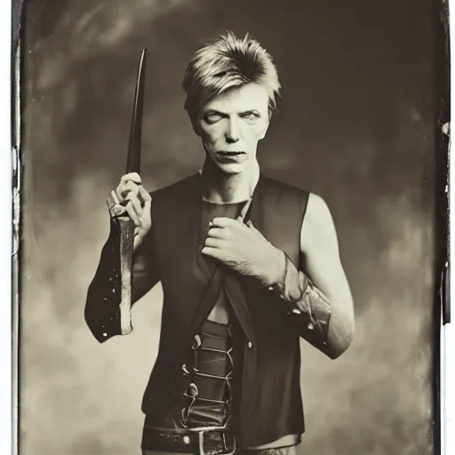 Prompt: wetplate photography, david bowie with a buster sword