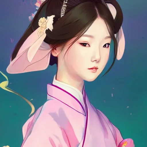 Image similar to pretty korean woman wearing beatiful hanbok, face by artgerm, bright pastel colors, studio ghibli painterly style, trending on artstation, tarot card