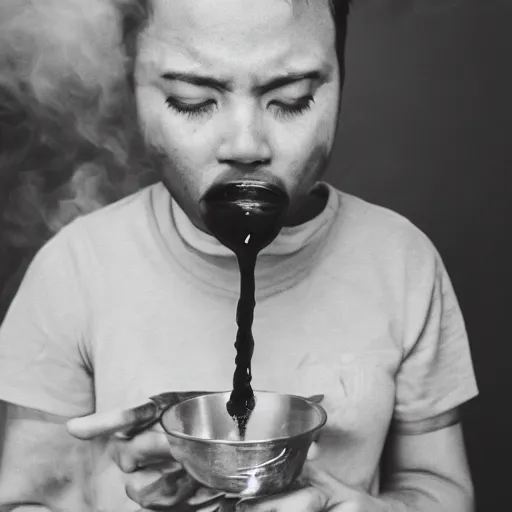 Prompt: a person drinking boiling oil, portrait photograph