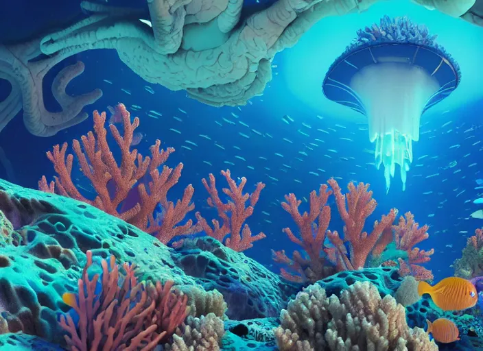 Image similar to a luminescent underwater reef with corals and aquatic life by paolo eleuteri serpieri and tomer hanuka and chesley bonestell and daniel merriam and tomokazu matsuyama, unreal engine, high resolution render, featured on artstation, octane, 8 k, highly intricate details, vivid colors, vector illustration