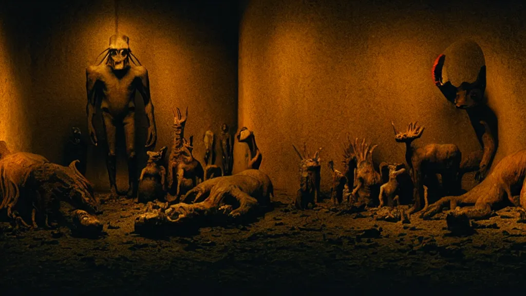 Image similar to the creature in the basement, made of glowing wax and ceramic, surrounded by animals, film still from the movie directed by denis villeneuve and david cronenberg with art direction by salvador dali and zdzisław beksinski, wide lens