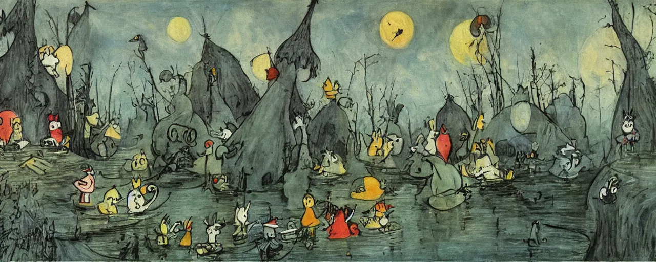 Image similar to the moomins, bosch painting