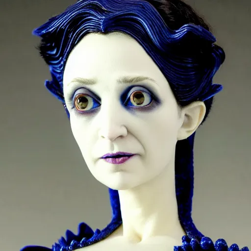 Image similar to photo taken of an epic intricate, ultra detailed, super realistic bust of a majestic gracious regal beautiful aristocratic victorian female vampire stop motion puppet created by weta workshop directed by tim burton, menacing, some zoomed in shots, photorealistic, sharp focus, extremely cold blueish colour temperature, 3 5 mm, f 1. 4