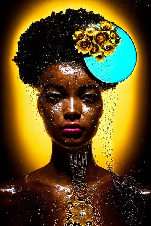 Image similar to hyperrealistic post - futurist cinematic profile very expressive! black oshun goddess, in water! up to shoulders, mirror dripping droplet!, gold flowers, highly detailed face, digital art masterpiece, smooth eric zener cam de leon, dramatic pearlescent turquoise light on one side, low angle uhd 8 k, shallow depth of field