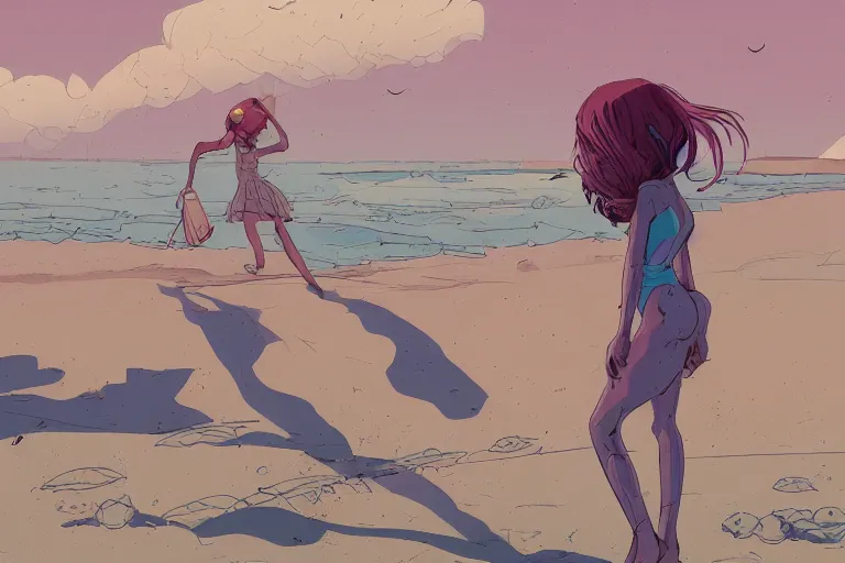 Image similar to a study of cell shaded cartoon of a girl standing on a beach, illustration, wide shot, subtle colors, post grunge, concept art by josan gonzales and wlop, by james jean, Victo ngai, David Rubín, Mike Mignola, Laurie Greasley, highly detailed, sharp focus, alien, Trending on Artstation, HQ, deviantart, art by artgem