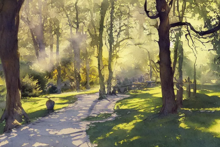 Image similar to small centered on watercolor paper, paint brush strokes, abstract watercolor painting of park, daylight, shadows, covering foliage over luxurious pathway, sunlight shining through, translucent leaves, cinematic light, national romanticism by hans dahl, by jesper ejsing, by anders zorn, by greg rutkowski, by greg manchess, by tyler edlin