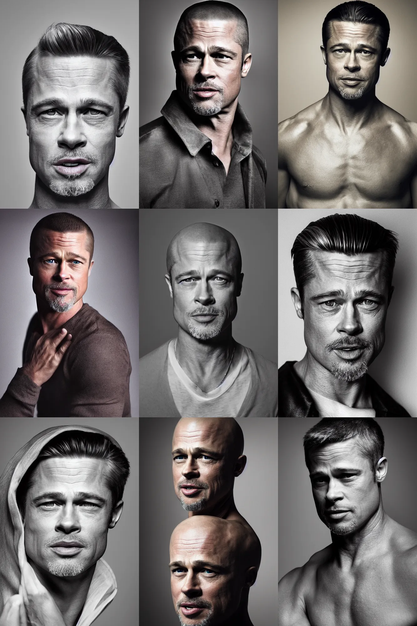 Prompt: photo portrait of bold Brad Pitt without hair, 35mm, studio lighting, 8k