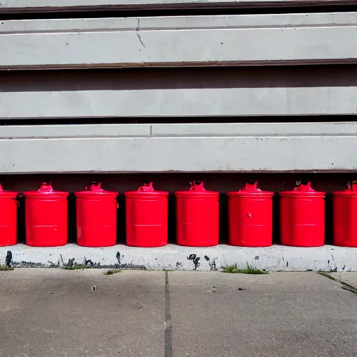 Image similar to pile of red canisters and white bags near wall