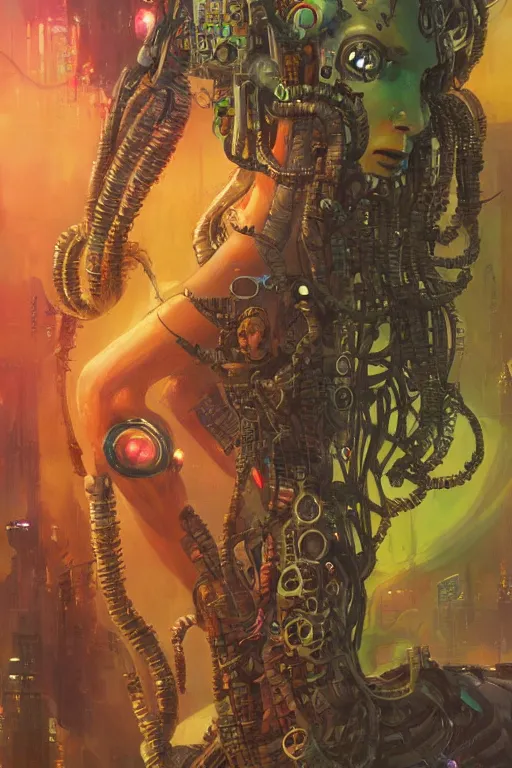 Prompt: a cyberpunk half length portrait of cyborg medusa, by paul lehr, jesper ejsing
