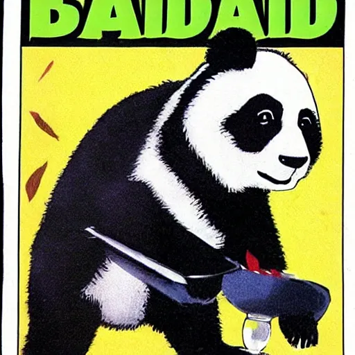 Image similar to a humorous full - color comic illustration from a 1 9 7 0 s issue of mad magazine in which an anthropomorphic panda walks into a bar and then eats, shoots, and leaves.