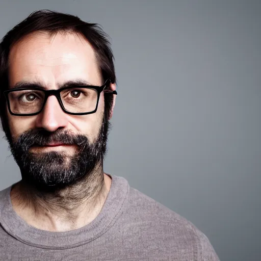 Prompt: photo portrait actractive 4 0 year old man with glasses, short dark brown hair, slightly receding hairline, crossed arms, scruffy beard, brown cap