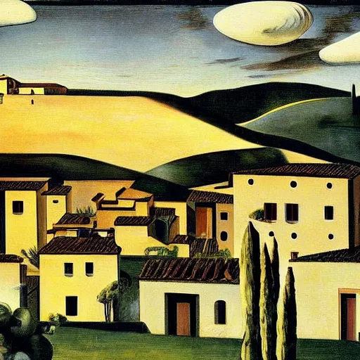 Image similar to dreaming tesla in toscana landscape with modern houses, painted by Giorgio de Chirico, highly detailed