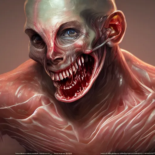 Image similar to a computer made out of flesh, computer made out of human flesh, skin on the gaming pc, personal computer horror, server, electronic, skinned alive, blood, teeth, intricate, highly detailed, digital painting, artstation, concept art, smooth, sharp focus, illustration,