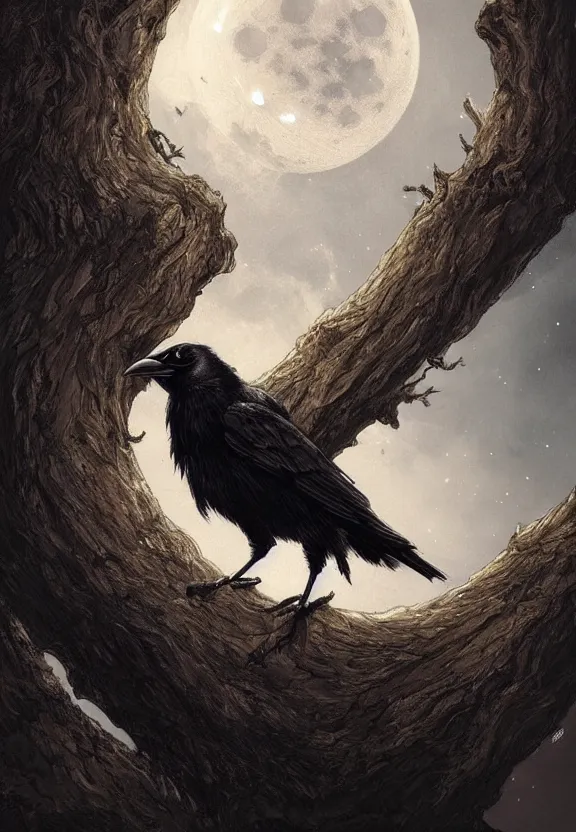 Image similar to crow on tree in front of the full big moon, highly detailed, digital painting, artstation, concept art, smooth, sharp focus, illustration, Unreal Engine 5, 8K, art by artgerm and greg rutkowski and alphonse mucha