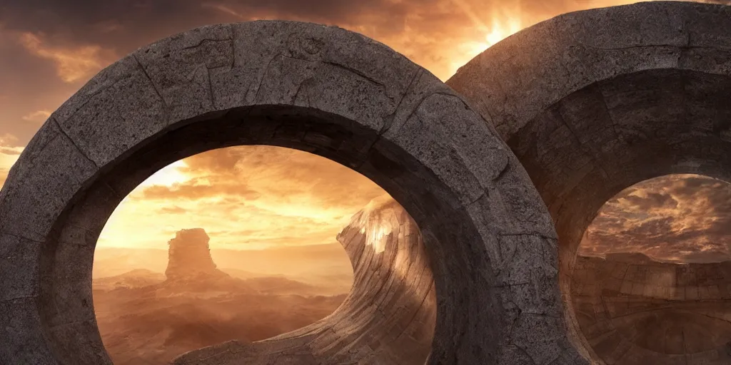 Prompt: stargate made of stone that form a circle, cinematic view, epic sky + highly detailed