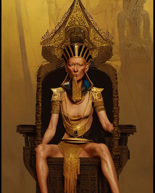 Image similar to tilda swinton as a dark - skinned egyptian pharao sitting on a throne, intricate, elegant, highly detailed, digital painting, artstation, concept art, matte, sharp focus, illustration, art by anders zorn and greg rutkowski and alphonse mucha