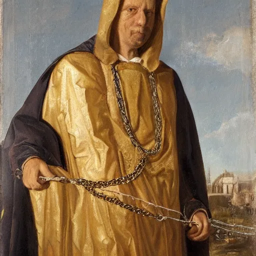 Prompt: a man wearing a long cloak and hood, holding golden chains, oil painting, portrait, high detail