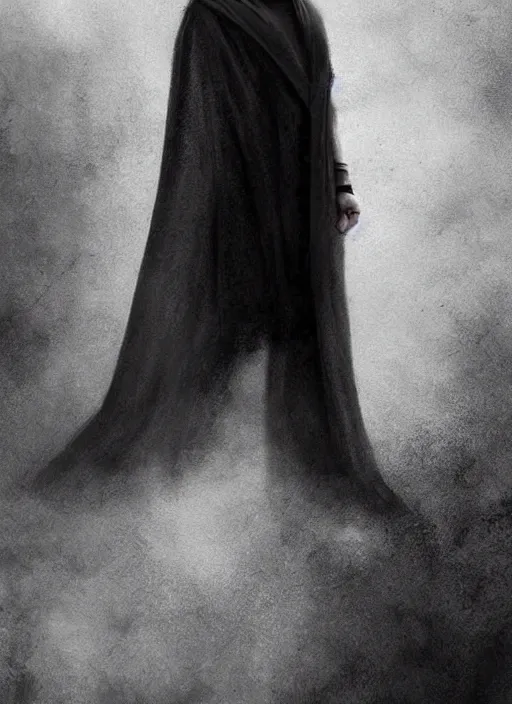 Prompt: well - shaven robert pattinson, black outfit, cape, in the style of tom bagshaw, sandman, misty endless dream cinematic background, netflix sandman