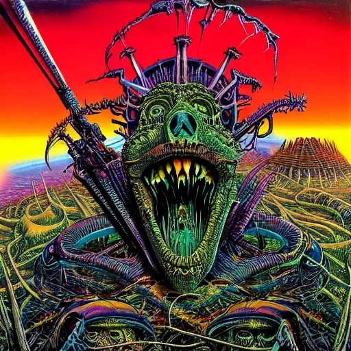 Image similar to thrash metal album cover in the style of roger dean, realistic, sharp focus, 8k high definition, insanely detailed, intricate, elegant, art by philippe druillet and virgil finlay