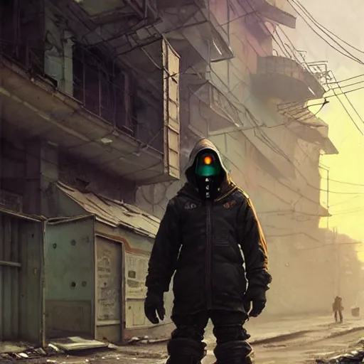 Image similar to A cyberpunk gopnik on the street of a Soviet slum on the moon, Norilsk, sci-fi, fantasy, intricate, very very beautiful, elegant, highly detailed, digital painting, artstation, concept art, smooth, sharp focus, illustration, art by artgerm and greg rutkowski and alphonse mucha