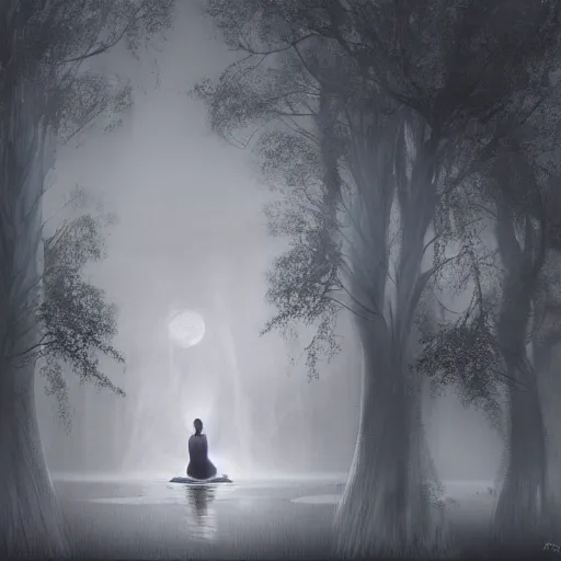 Image similar to an ultra realistic painting of a girl in a silver dress sitting in a gigantic ancient tree next to a pond at night, surrounded by a towering dark forest, the moon can be glimpsed through the trees and is veiled by fog, fog obscures the background, midnight, dark fantasy, fantasy forest, spooky forest, highly detailed, concept art
