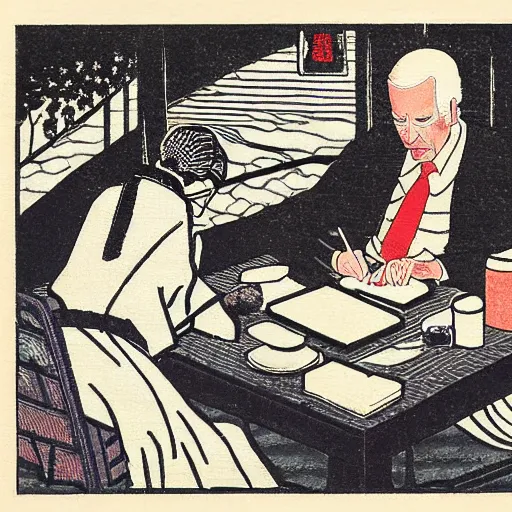 Prompt: Joe Biden writing his death haiku, Japanese woodblock print