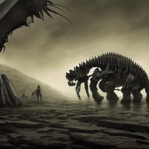 Prompt: skeleton of a colossal ancient beast laying in a dried ocean, by Andreas Rocha + Ted Nasmith, dark, epic, masterpiece, highly detailed, 8k resolution, trending on art station