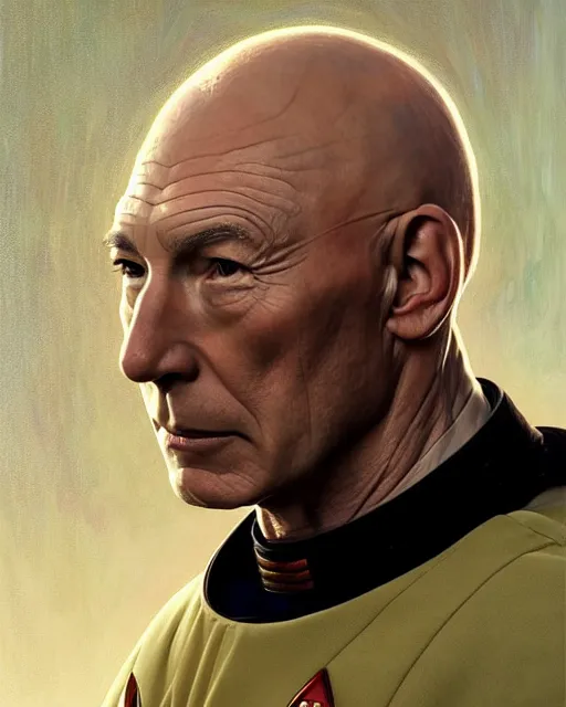 Image similar to Portrait of Jean Luc Picard in a space suit, real life skin, intricate, elegant, highly detailed, artstation, concept art, smooth, sharp focus, art by artgerm and greg rutkowski and alphonse mucha