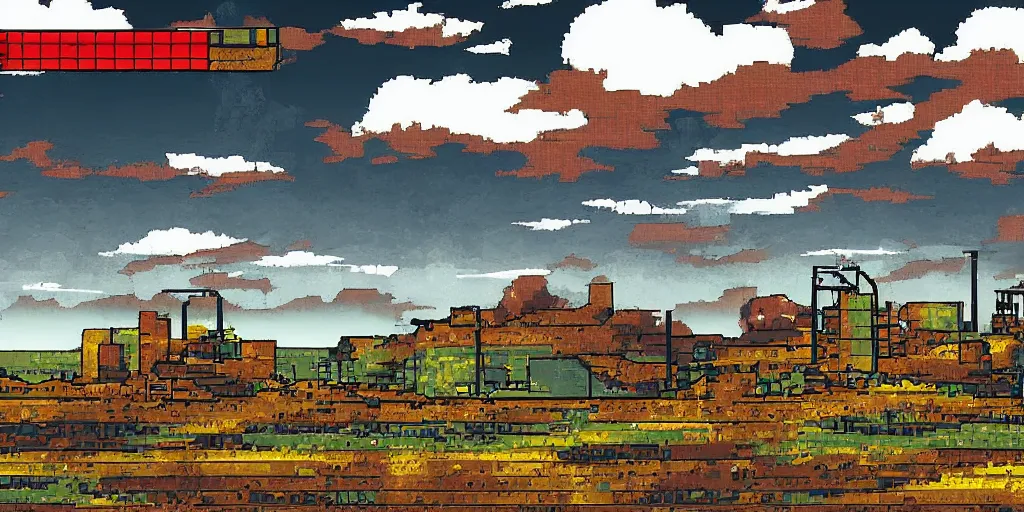 Prompt: 2D post-industrial landscape with distorted clouds, 8 bits graphics, flat, SNES game, crushed quality, low contrast, low light, color gradient, low saturation, heavy color compression filter,