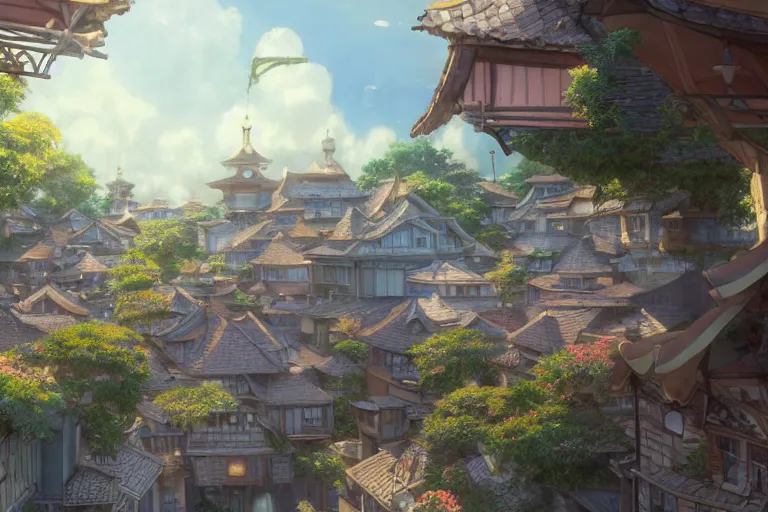 Prompt: a wholesome animation key shot of a traditional city with tiled roofs, medium shot, studio ghibli, pixar and disney animation, sharp, rendered in unreal engine 5, anime key art by greg rutkowski, bloom, dramatic lighting