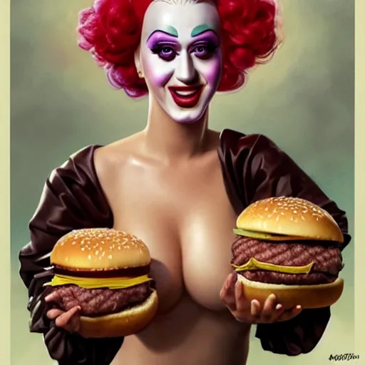 Prompt: portrait of katy perry in clown makeup eating hamburgers, extra onions and ketchup, luscious patty with sesame seeds, feminine ethereal, handsome, d & d, fantasy, intricate, elegant, highly detailed, digital painting, artstation, concept art, matte, sharp focus, illustration, art by artgerm and greg rutkowski and alphonse mucha