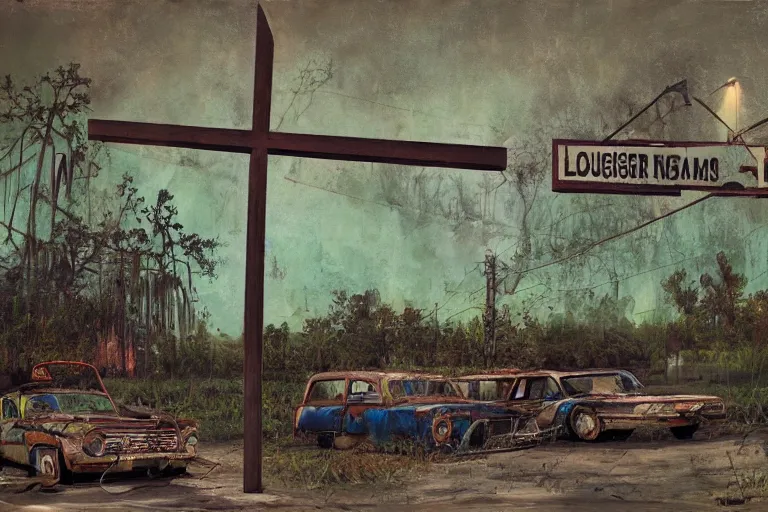 Image similar to scene from louisiana swamps, old protestant church with neon cross, junkyard by the road, boy scout troop, voodoo artwork by tim eitel