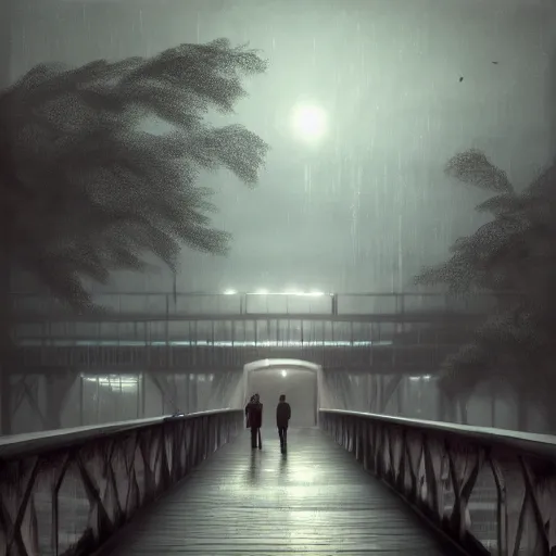 Image similar to a lonely boy on a city bridge looking to the river at night, digital painting, masterpiece, digital art, hyperrealistic, concept art, octane render, unreal engine 5, trending on deviantart, sad atmosphere, centered, anatomically correct, oil painting, high contrast, serene scenery, loneliness, path traced, dark night, paul lehr, 2 d