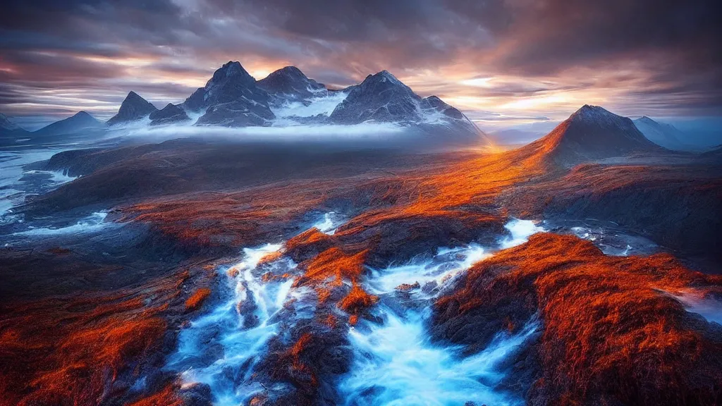 Image similar to amazing landscape photo by marc adamus, beautiful dramatic lighting