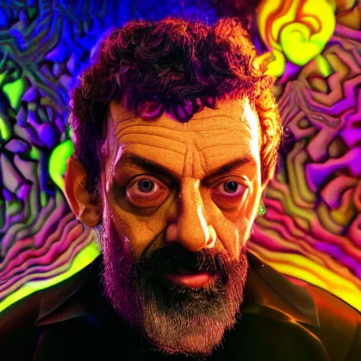 Image similar to terence McKenna posing seductively with psychedelic mushrooms, psychedelic, fractal, cinematic lighting, dramatic, octane render, full body, trending on artstation, perfect facial symmetry, bokeh, 8k, intricate, hyper detailed
