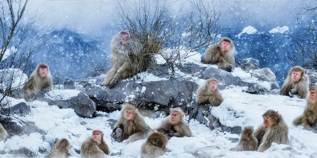 Prompt: scenic mountain setting, a family of snow monkeys gather at the natural spa to get warm, highly detailed, snow flurry, cold, steamy, desaturated blue, inquisitive, striking, contemplative, happy, content, warm, by Antoine Blanchard, by Marcel Masson, on canvas