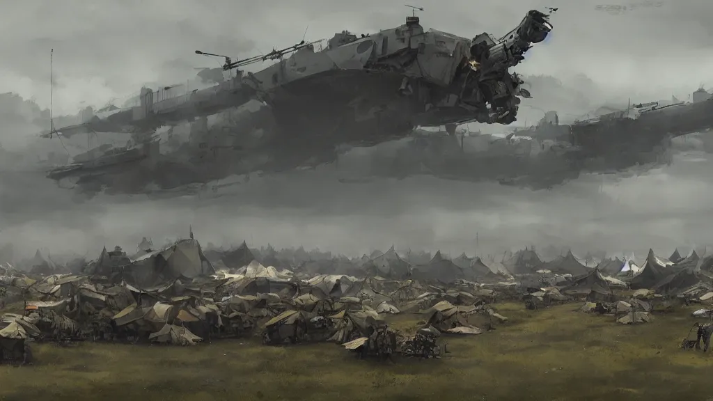 Image similar to panorama view of tents military tents with one mech walker in background, watercolored, jakub rozalski, dark colours, dieselpunk, artstation