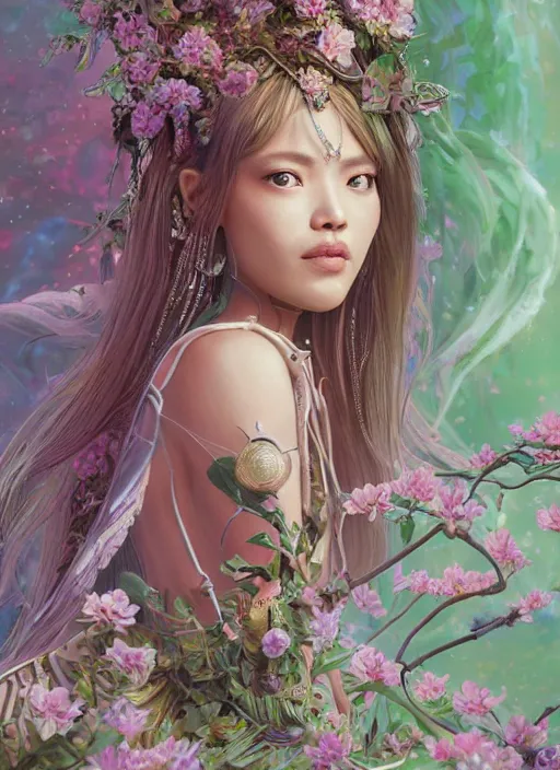 Image similar to portrait of Lalisa Manobal as a Celestial Goddess of a futuristic princess, inside future fighter, sci-fi, fantasy, intricate, lush garden spaceship with sakura season flowers, elegant, human anatomy, royal green and nature light, highly detailed, digital painting, artstation, concept art, smooth, sharp focus, illustration, art by tian zi and WLOP and alphonse mucha, masterpiece, 3d blender