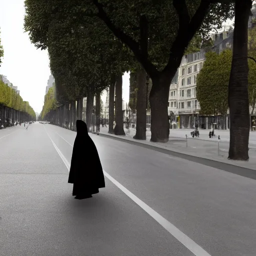 Prompt: Sith lord walking down the avenue des champs elysée, hyper-realistic, 8K HDR.