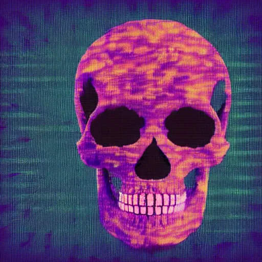 Image similar to skull glitch art with red and violet