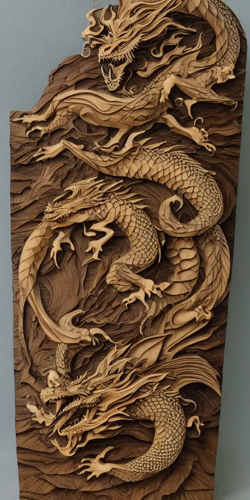 Image similar to Woodcarving of dragon with beautiful giant waves