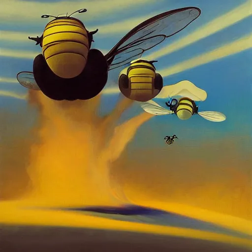 Prompt: Giant bees fly through the air, as a tornado approaches, by Takashi Murakami, Edward Hopper, Bo Bartlett, and Cynthia Sheppard, Artstation