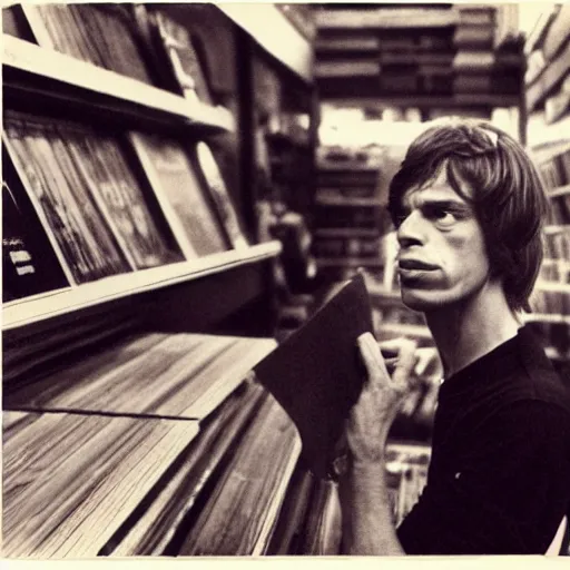 Image similar to mick jagger working in a record store in 1 9 6 9, polaroid photo, artistic, realistic, snapshot