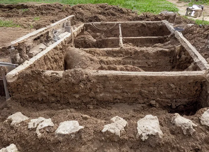 Prompt: ancient roman shed discovered during building excavation, covered in dirt and sediment, ancient roman motifs, 3 PM sunny, humid
