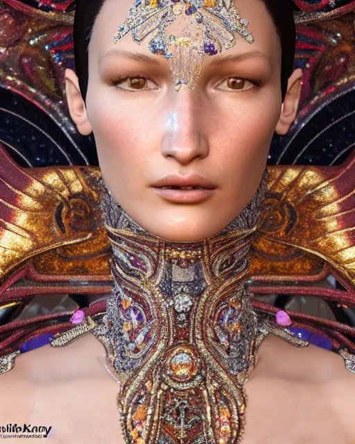 Prompt: a highly detailed metahuman 8 k close up render of bella hadid in gustav klimt style in diamonds crystals swarovski and jewelry on artstation made in unreal engine 4