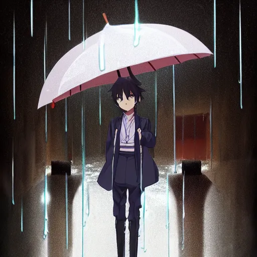 Image similar to portrait of the boy standing in the rain without umbrella, anime fantasy illustration by tomoyuki yamasaki, kyoto studio, madhouse, ufotable, square enix, cinematic lighting, trending on artstation