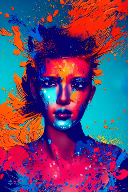 Image similar to a award winning half body portrait of a beautiful woman in a croptop and cargo pants with ombre orange blue teal hairstyle with head in motion and hair flying, paint splashes, splatter, outrun, vaporware, shaded flat illustration, digital art, trending on artstation, highly detailed, fine detail, intricate