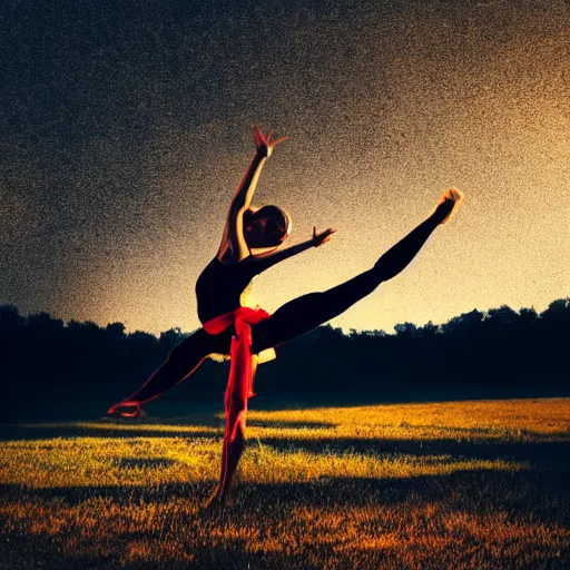 Image similar to an origami girl doing acrobatic contemporary dance, dramatic lighting, with bokeh effect in a sunny meadow