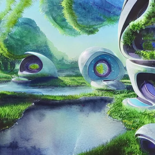 Image similar to beautiful happy picturesque charming sci - fi organic pod - like homes of the future in a beautiful natural scene. water, trees and rocks. beautiful light. soft colour scheme. beautiful artistic detailed watercolor by lurid. ( 2 0 2 2 )